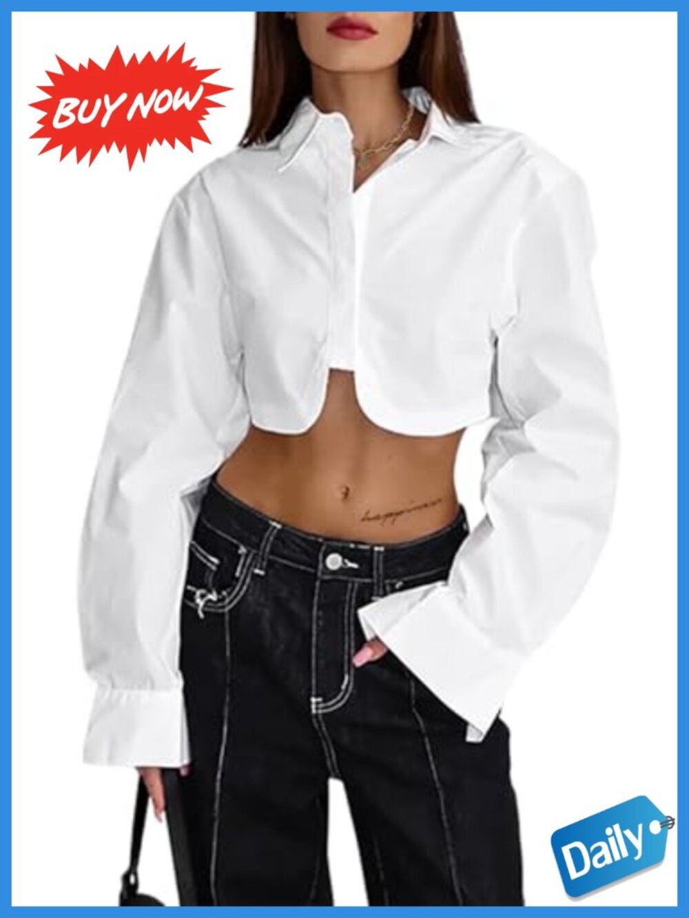 Remidoo Cropped Button Down Shirt Asymmetrical Long Sleeve Top